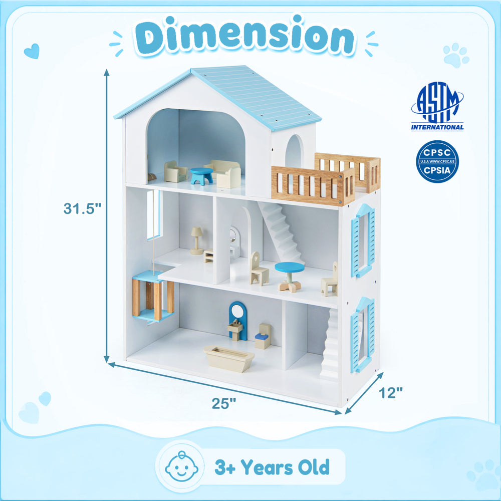 Wooden dollhouse with 5 rooms, furniture accessories, and a moving elevator, designed for kids aged 3 and up.