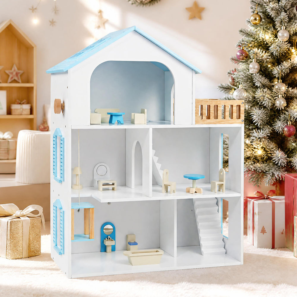 Wooden dollhouse in blue with 5 rooms and furniture accessories, featuring a moving elevator for imaginative play.