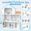 Wooden dollhouse with five rooms and furniture accessories, featuring a balcony, elevator, and realistic details for imaginative play.