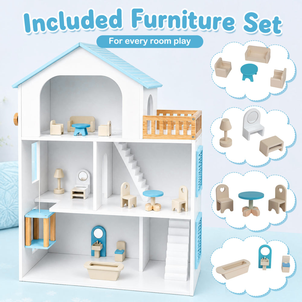 Wooden dollhouse with five rooms and furniture accessories, featuring a balcony, elevator, and realistic details for imaginative play.