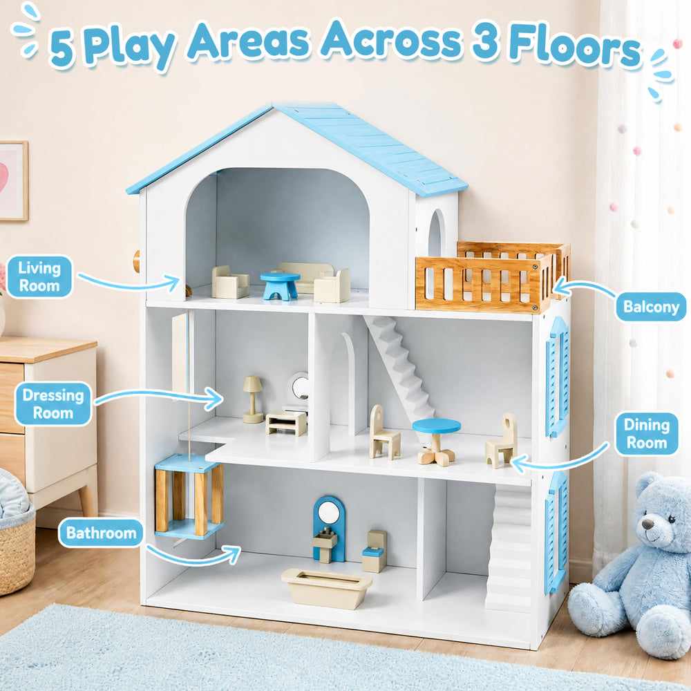 Wooden dollhouse featuring 5 rooms, furniture accessories, and a moving elevator, perfect for imaginative play.