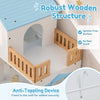 Wooden dollhouse with five rooms, furniture accessories, and anti-toppling device for secure play and creativity.