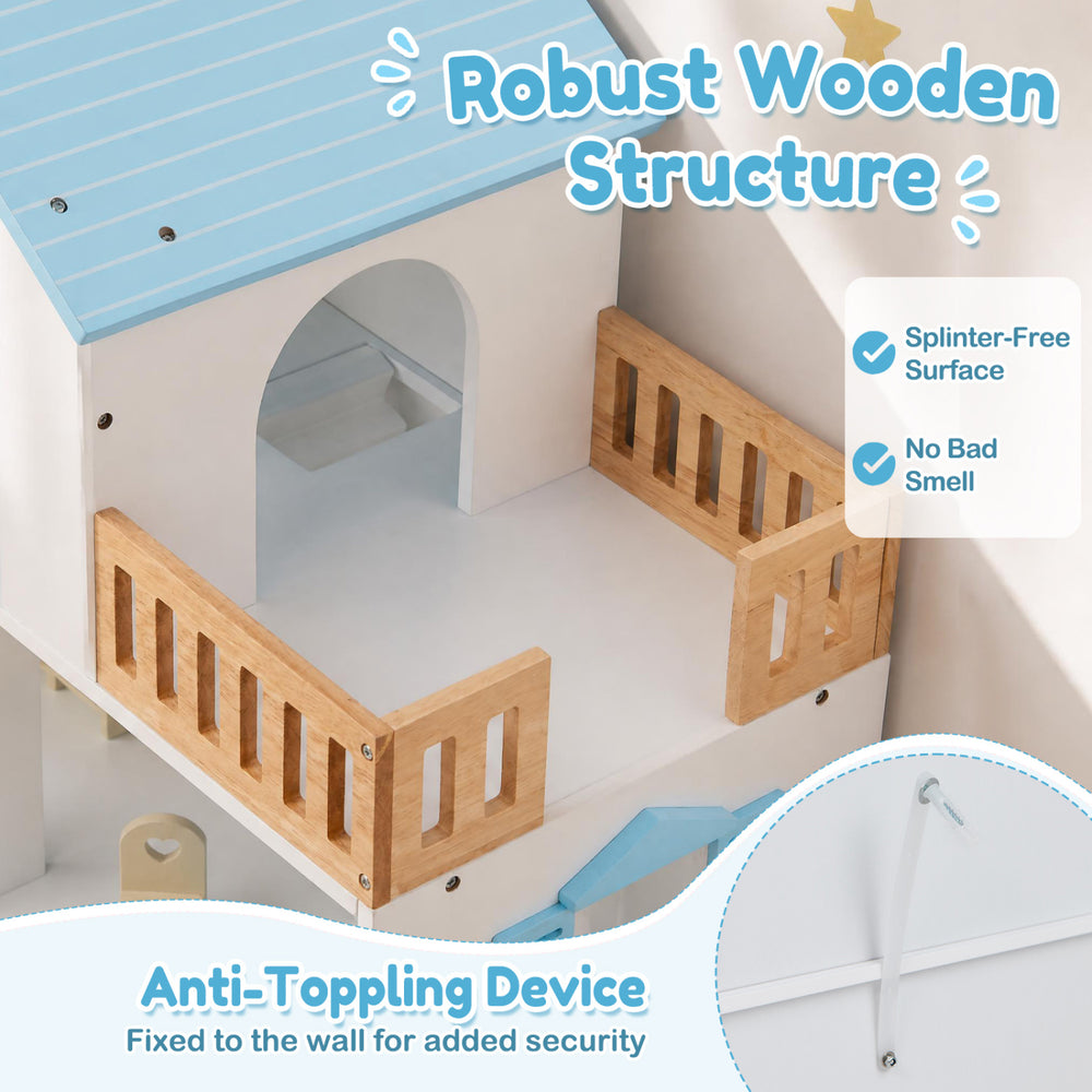 Wooden dollhouse with five rooms, furniture accessories, and anti-toppling device for secure play and creativity.