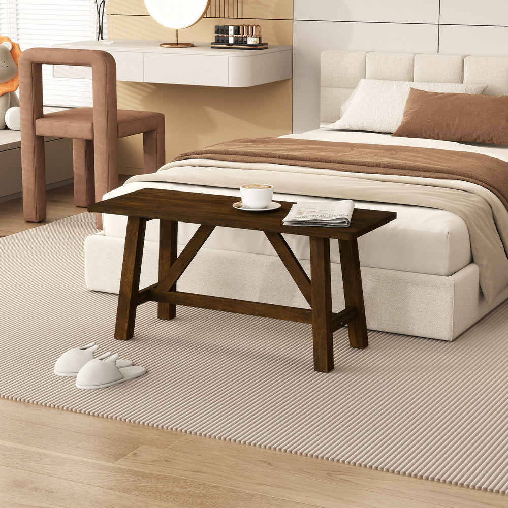 Wooden entryway bench in brown, featuring a stable triangular structure and rich texture, perfect for dining or bedroom.