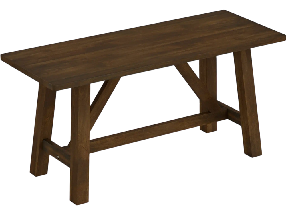 Wooden entryway bench in brown, made from rubber wood, with a stable triangular structure for versatile use.