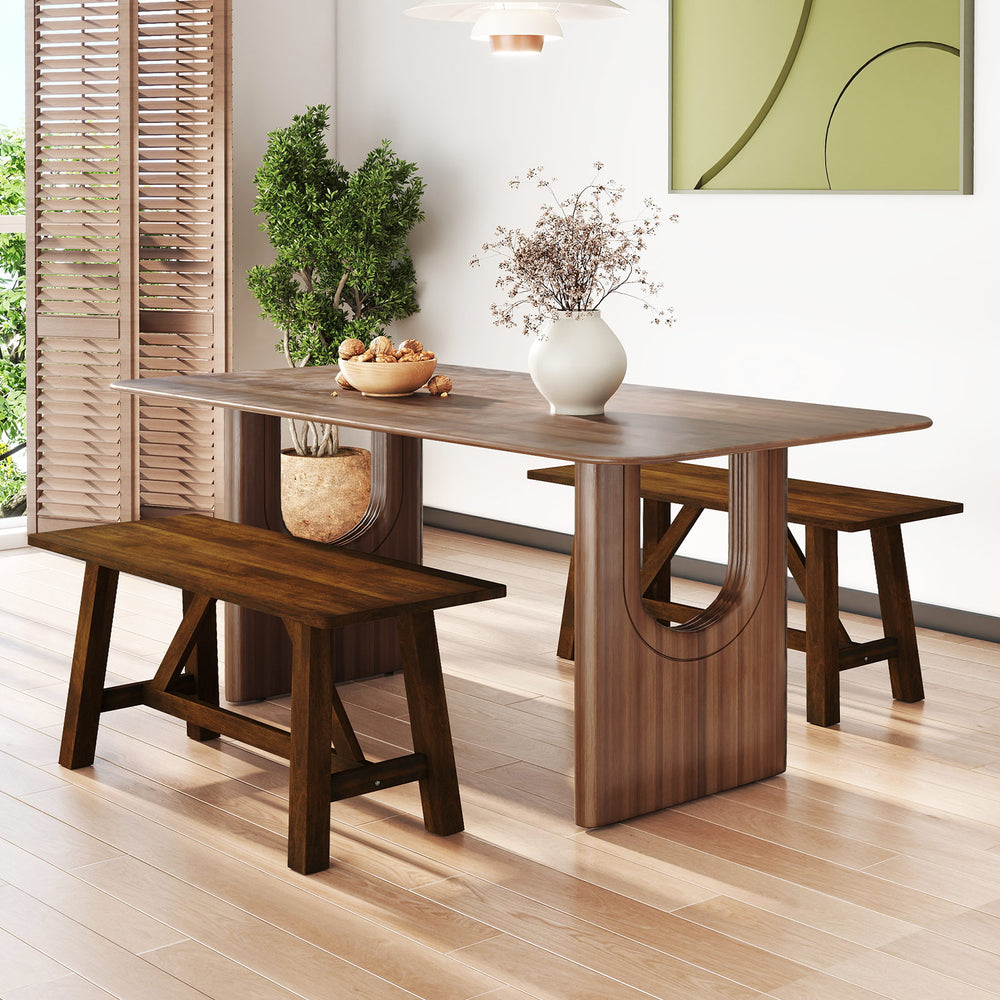 Wooden entryway bench in brown, made from rubber wood, featuring a stable triangular structure for versatile use.
