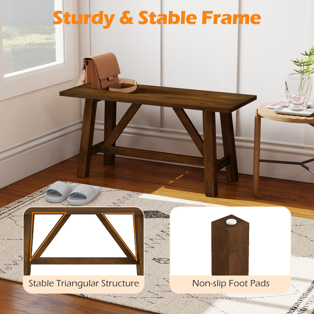Wooden entryway bench with a stable triangular structure, brown rubber wood finish, perfect for dining or living rooms.