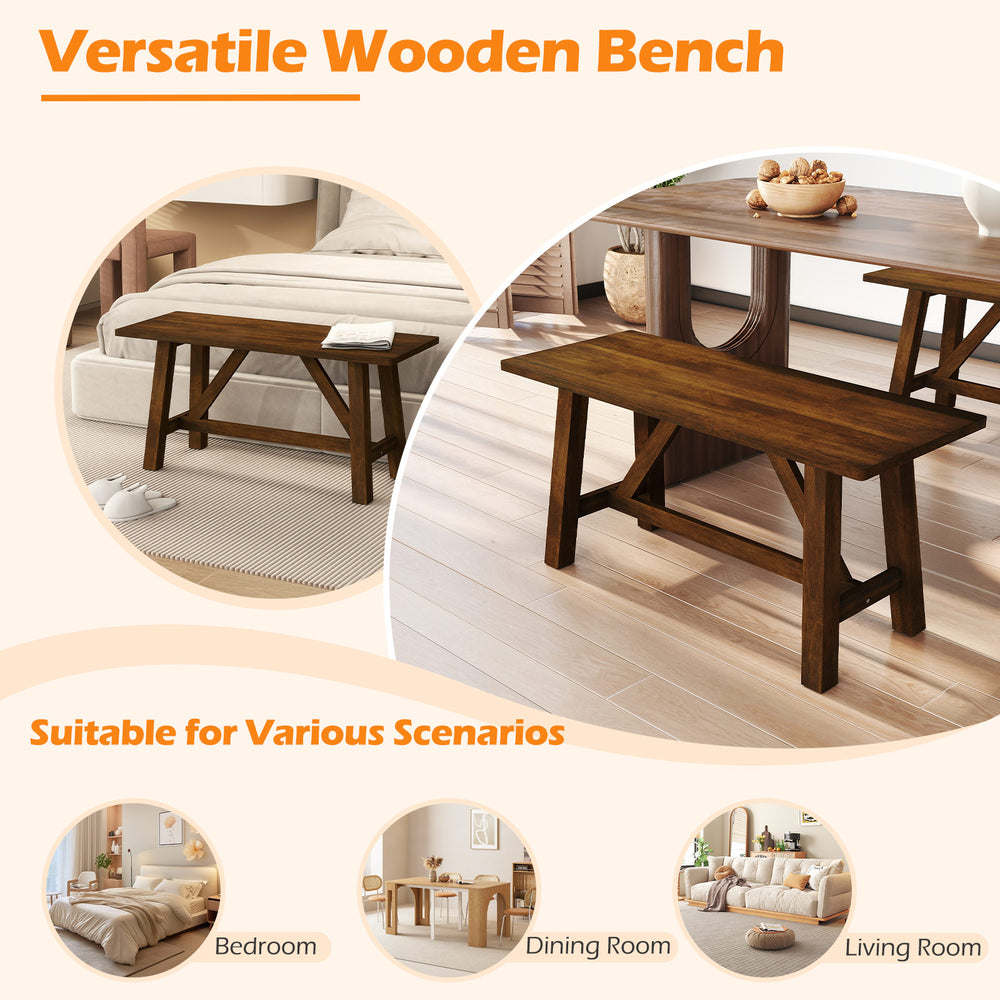 Wooden entryway bench in brown, made from rubber wood, suitable for dining rooms, bedrooms, and living rooms.