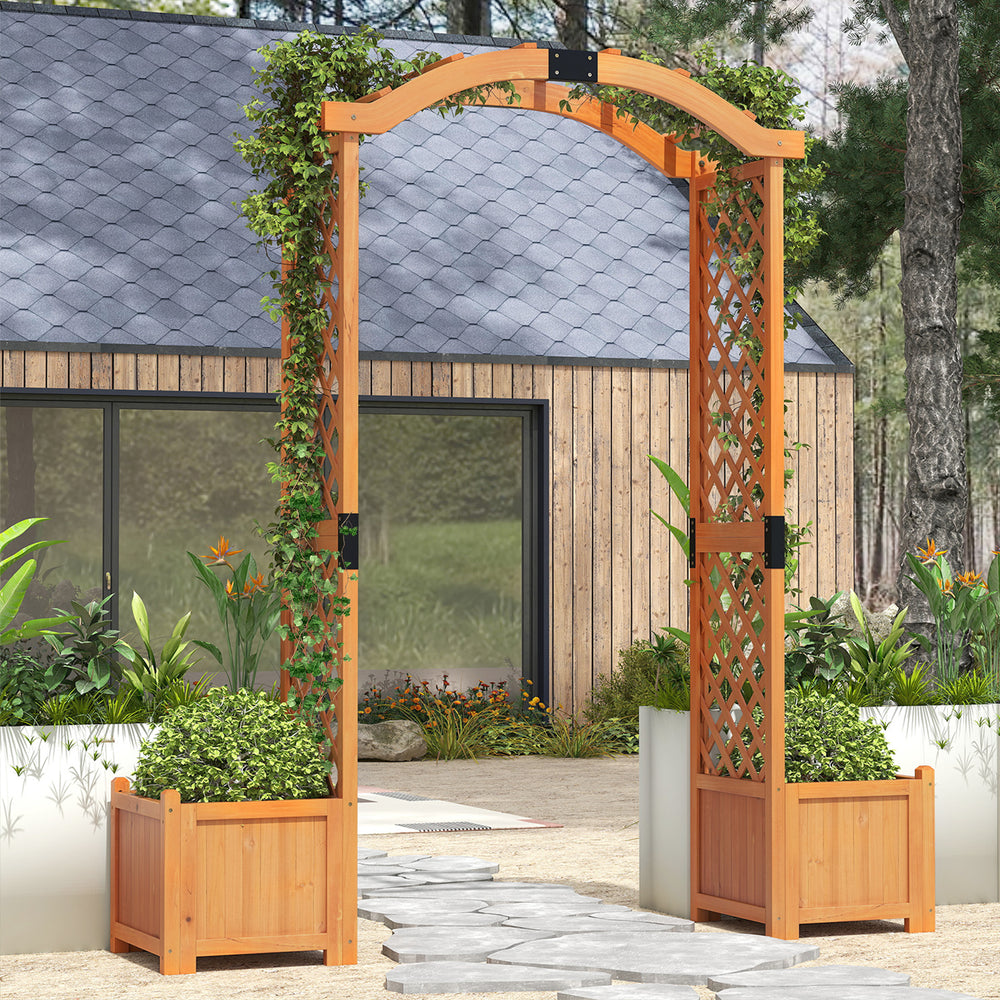 Wooden garden arbor with planter boxes and trellis for climbing plants, ideal for outdoor decoration and gardening.