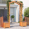 Wooden garden arbor with trellis and deep planter boxes, designed for climbing plants and enhancing outdoor spaces.