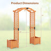 Wooden garden arbor with planter and trellis, featuring dimensions for climbing plants and decorations, ideal for.