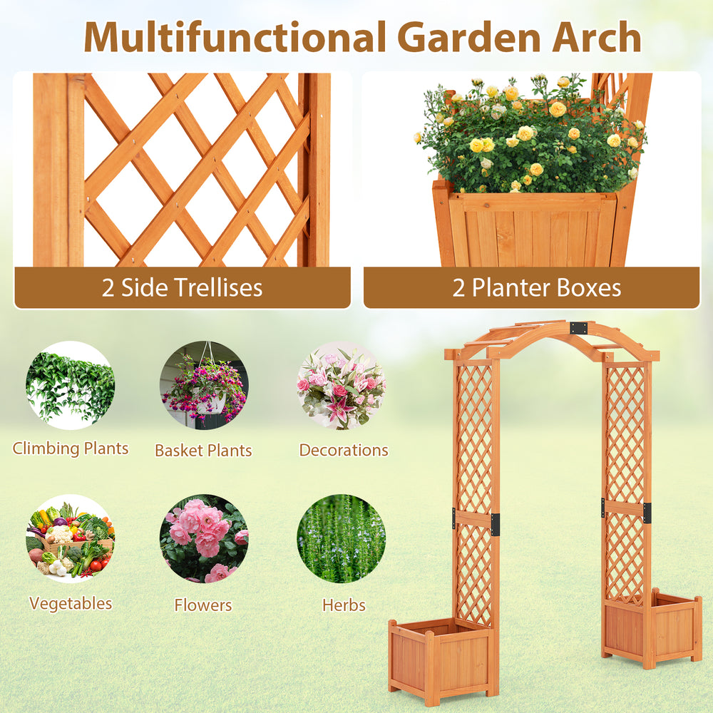 Wooden garden arbor with trellis and two planter boxes for climbing plants, ideal for outdoor decoration and gardening.