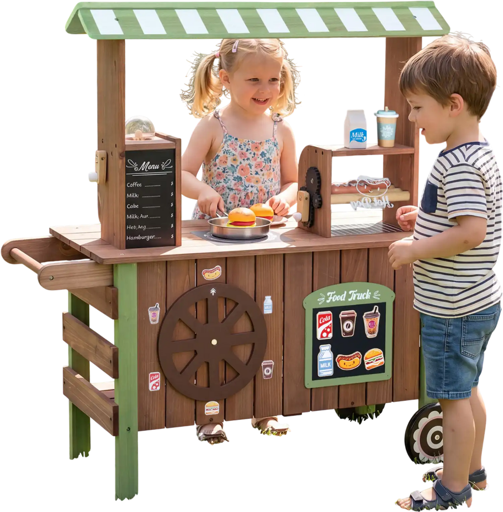 Wooden grocery store playset for kids featuring a hot dog grill, coffee maker, and large wheels for easy movement.