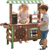 Wooden grocery store playset for kids featuring a hot dog grill, coffee maker, and large wheels for easy movement.