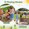 Wooden grocery store playset for kids featuring a hot dog grill, coffee maker, and large wheels for easy mobility.