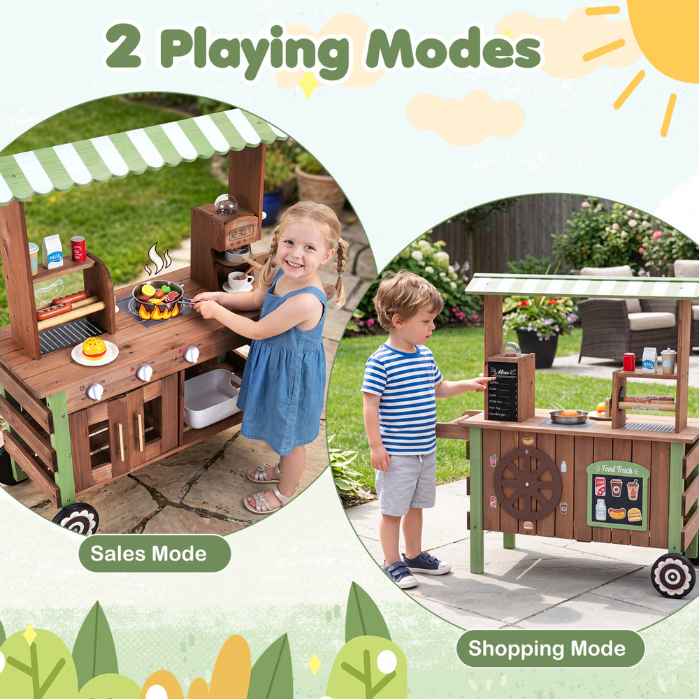 Wooden grocery store playset for kids featuring a hot dog grill, coffee maker, and large wheels for easy mobility.