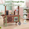 Wooden grocery store playset with large wheels, hot dog roller grill, and coffee maker for immersive role-play fun.