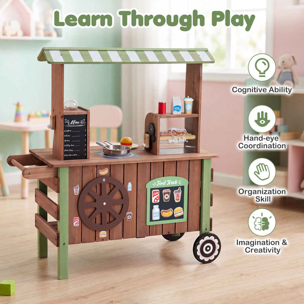 Wooden grocery store playset with large wheels, hot dog roller grill, and coffee maker for immersive role-play fun.