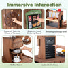 Wooden grocery store playset for kids featuring a hot dog roller grill, coffee maker, and realistic menu for imaginative play.