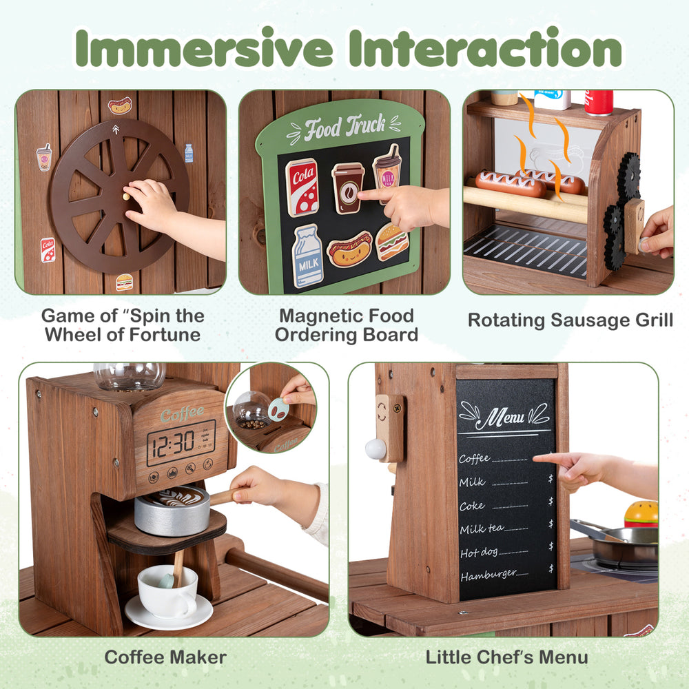 Wooden grocery store playset for kids featuring a hot dog roller grill, coffee maker, and realistic menu for imaginative play.