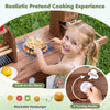 Wooden grocery store playset with large wheels, realistic cooking accessories, and interactive features for imaginative play.