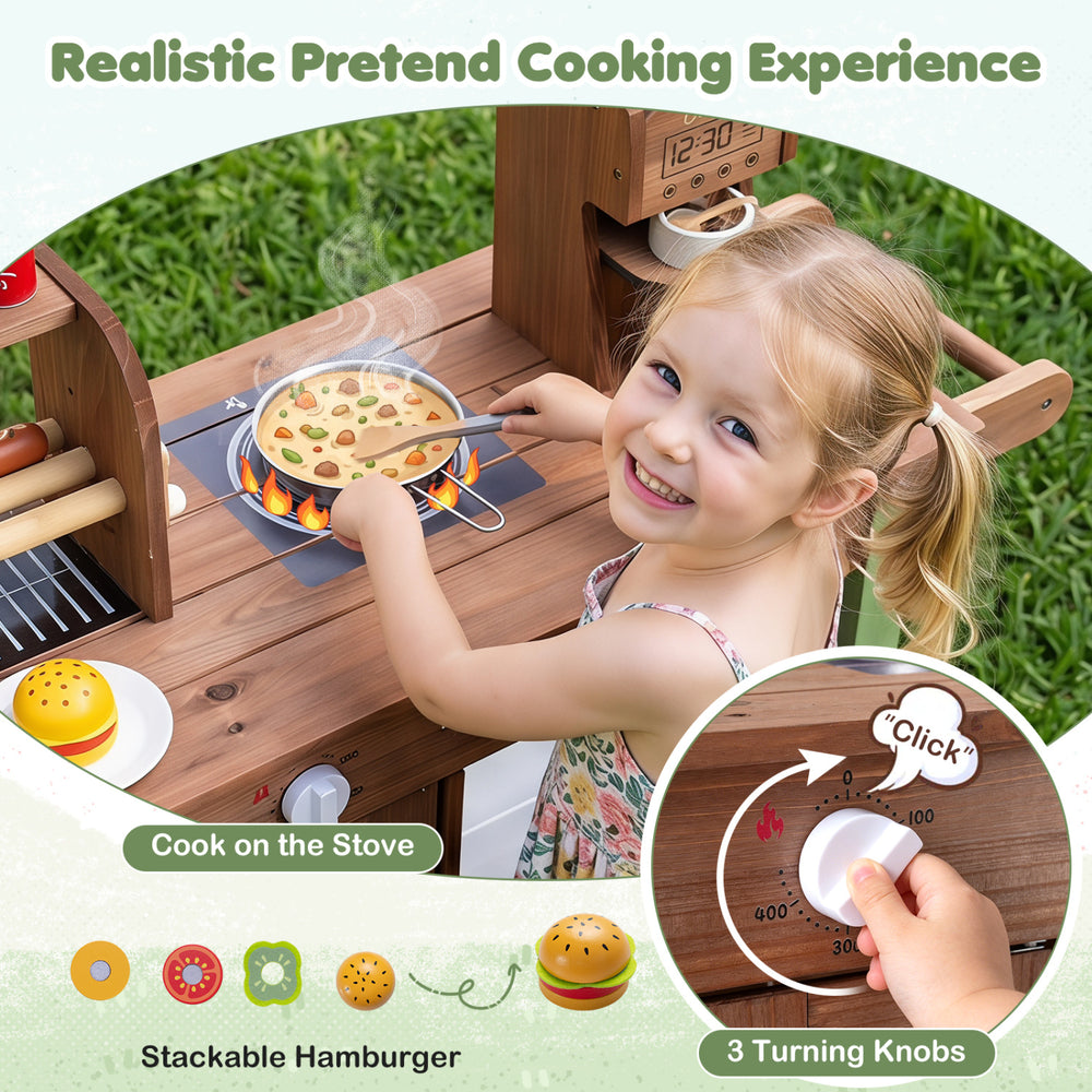 Wooden grocery store playset with large wheels, realistic cooking accessories, and interactive features for imaginative play.