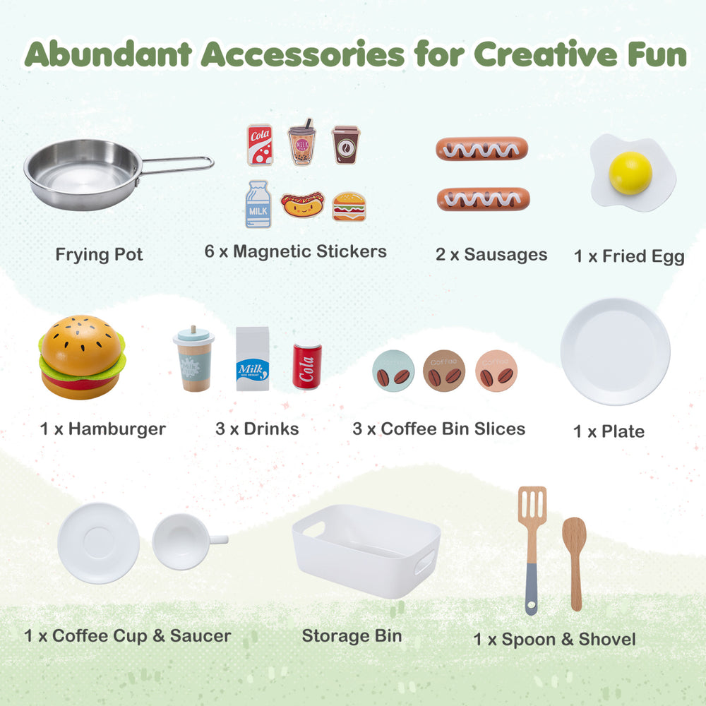 Wooden grocery store playset for kids featuring a hot dog roller grill, coffee maker, and realistic food accessories.