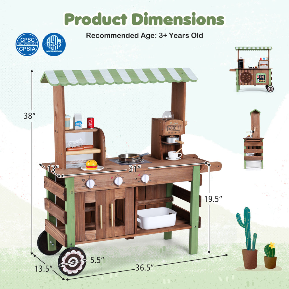 Wooden grocery store playset for kids includes a green-and-white striped awning and storage shelves for imaginative play.