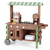 Wooden grocery store playset for kids featuring a hot dog roller grill, coffee maker, and large wheels for easy movement.