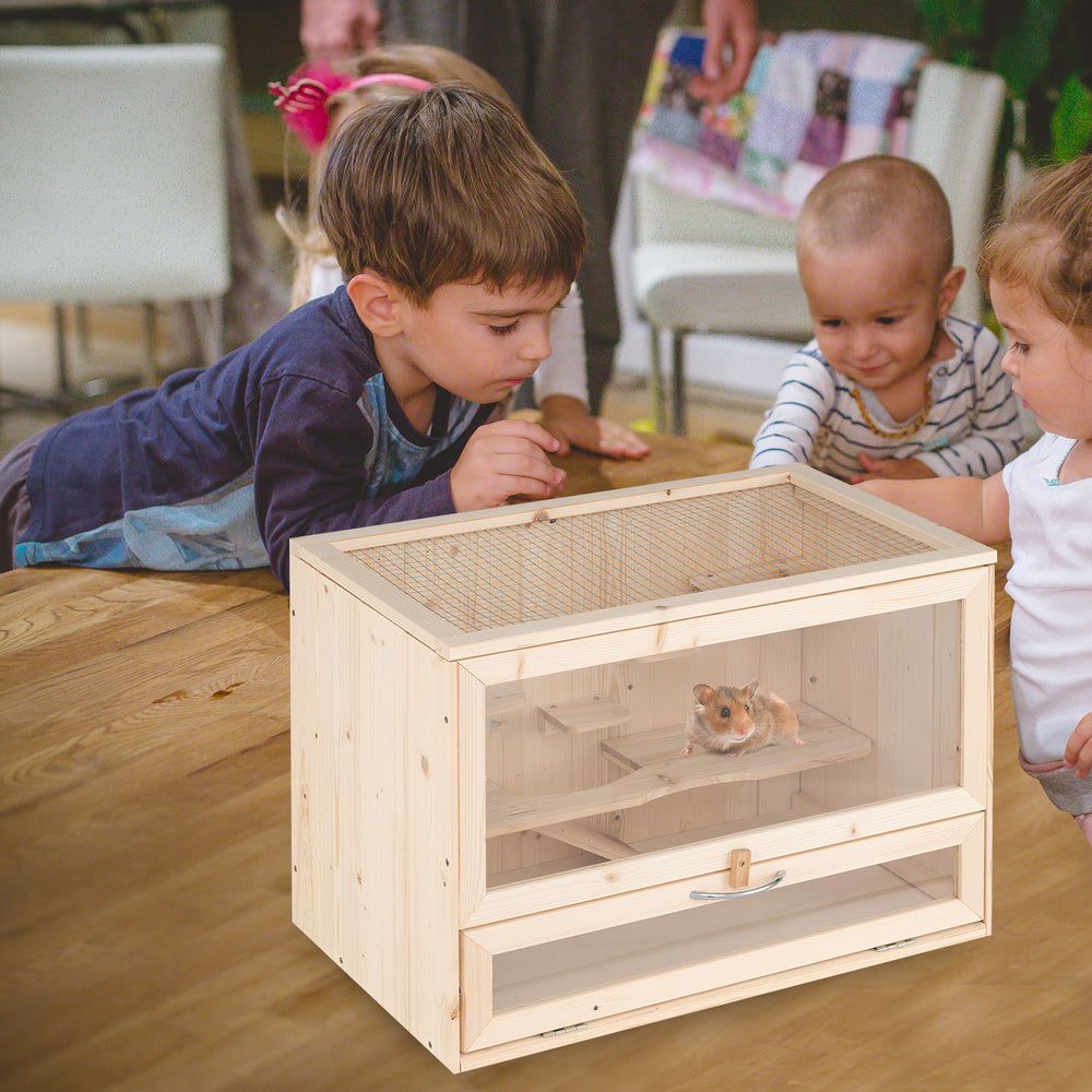 Wooden hamster cage with mesh flip roof, multi-level design, and storage rack for small pets like hamsters and guinea.