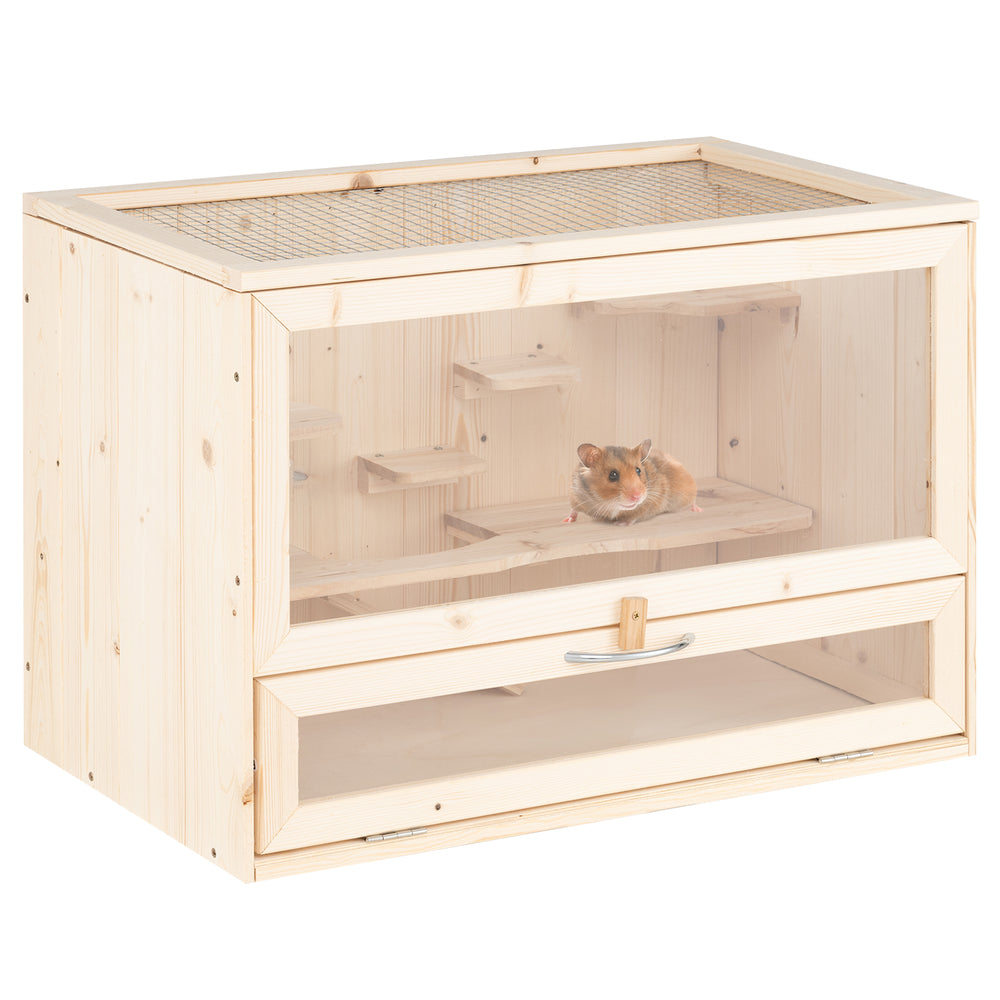 Wooden hamster cage with mesh flip roof, multi-level design, and storage rack for small pets like hamsters and mice.