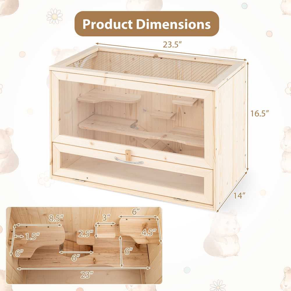 Wooden hamster cage dimensions displayed, featuring a flip top for ventilation and multi-level design for small pet.
