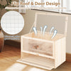 Wooden hamster cage with mesh flip roof for ventilation, featuring multi-level acrylic panels and a bottom storage rack.