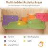 Multi-level wooden hamster cage with colorful activity areas, ladder, and feeding space for small pets.
