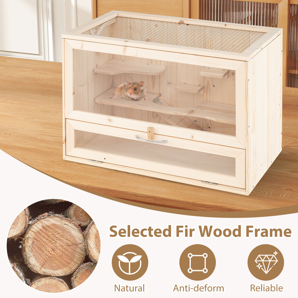 Wooden hamster cage with mesh flip roof, multi-level design, and natural fir wood for small pets like hamsters and.