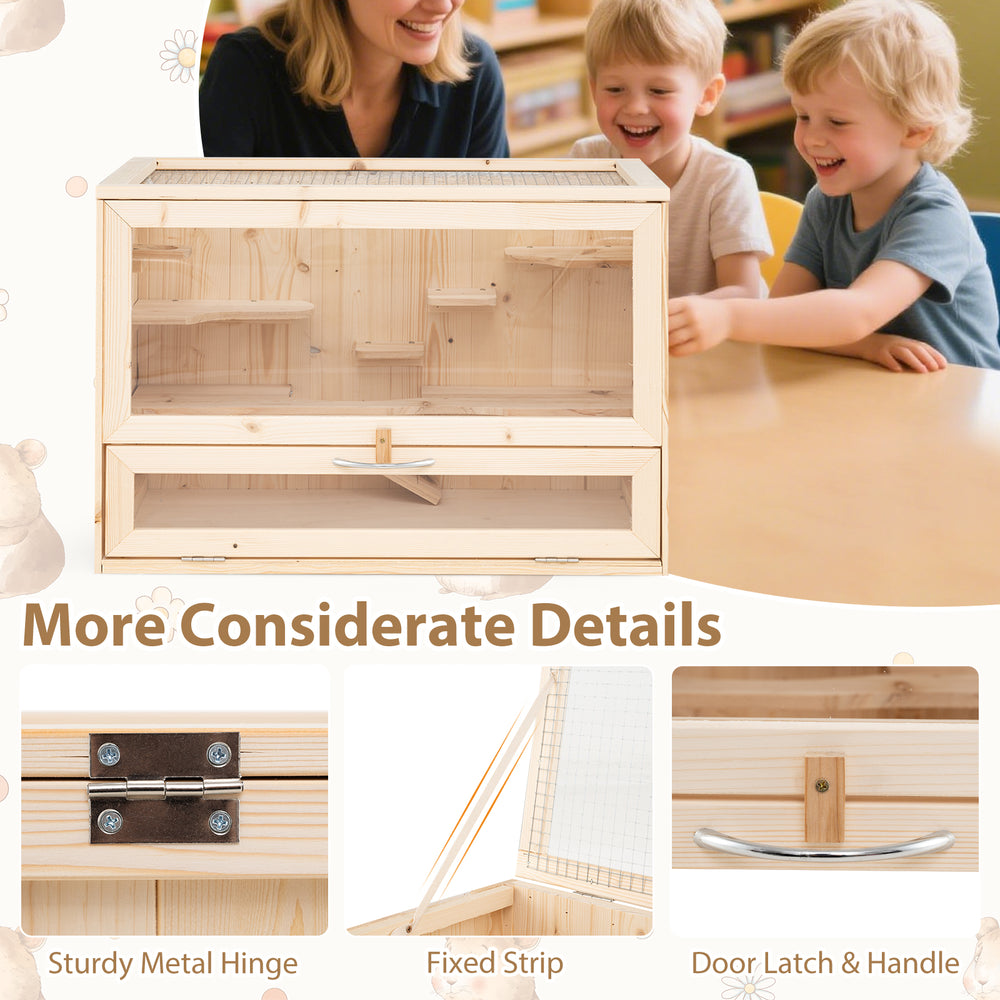 Wooden hamster cage with mesh flip roof, multi-level design, and bottom storage for small pets like hamsters and guinea.