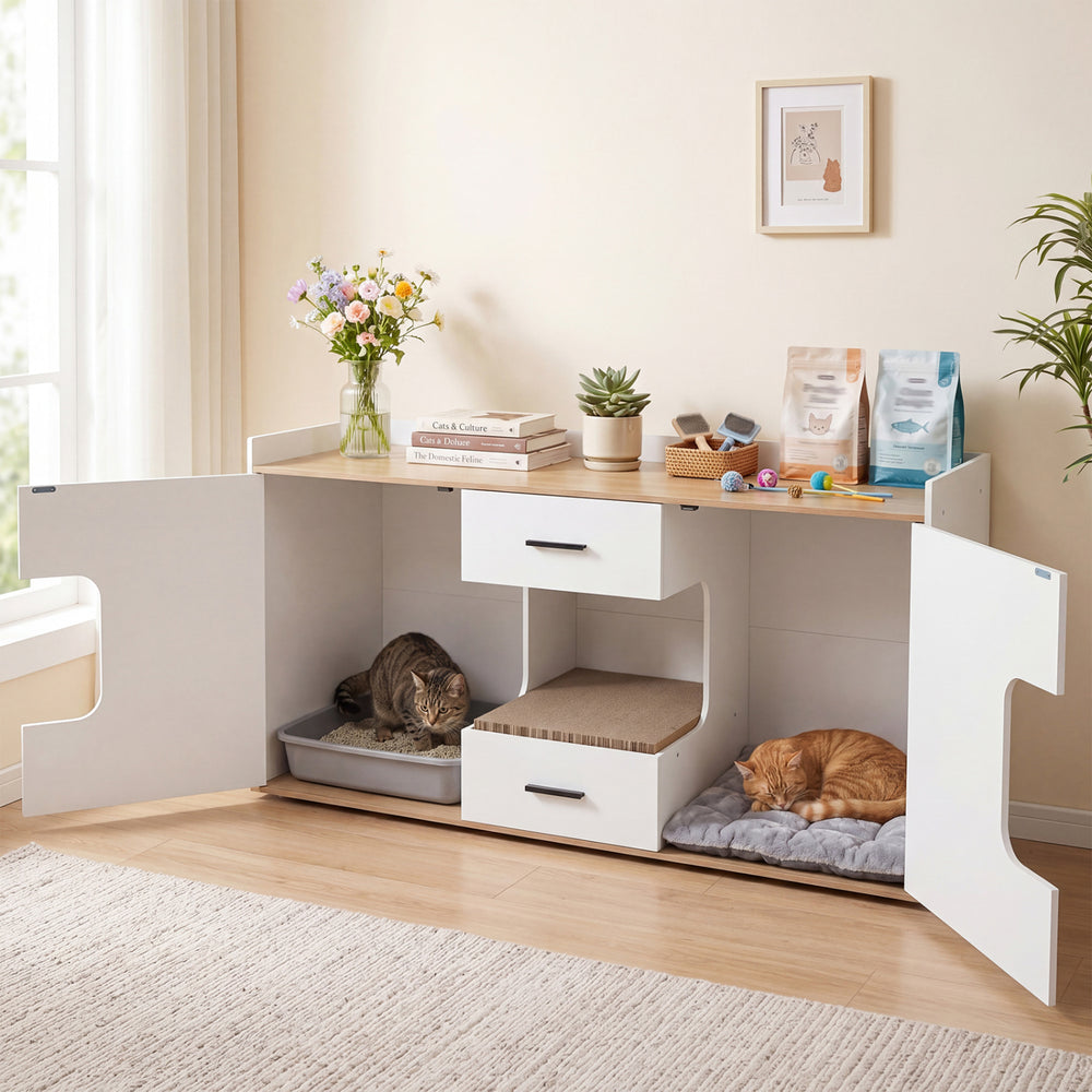Wooden hidden cat house cabinet with a wide countertop, two drawers, and two doors for organized pet supplies and comfort.