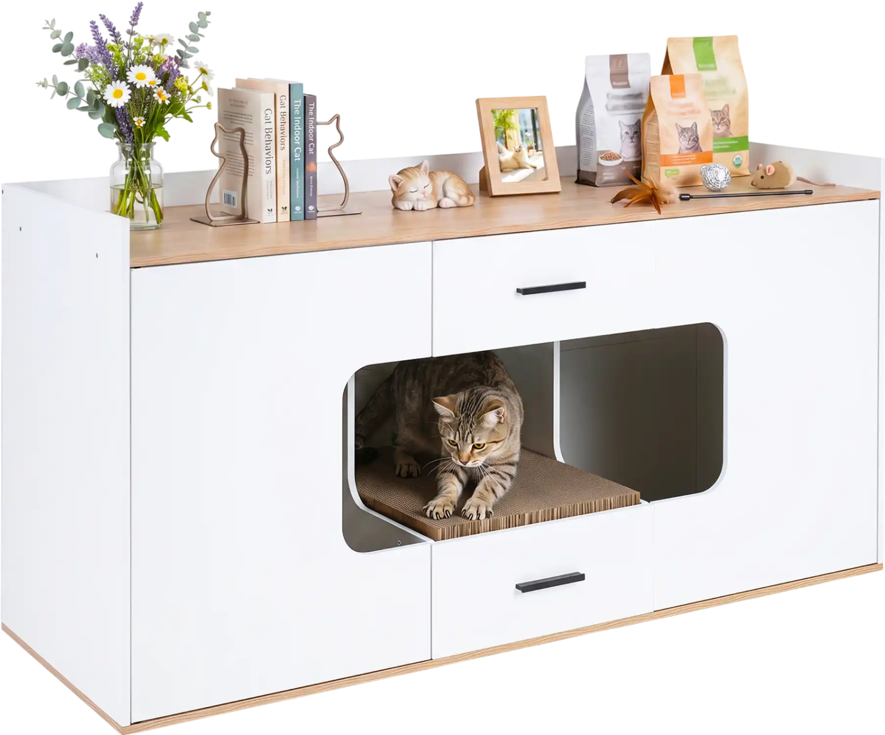 Costway Wooden Hidden Cat House Cabinet Wide Countertop 2 Drawers 2 Doors 22660083 New