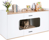 Wooden hidden cat house cabinet with a spacious countertop, two drawers, and a concealed litter area for organized pet care.