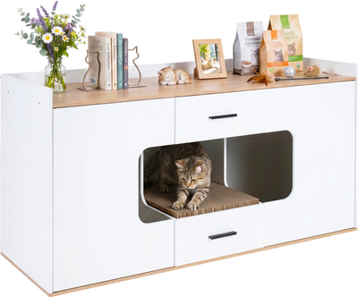 Costway Wooden Hidden Cat House Cabinet Wide Countertop 2 Drawers 2 Doors 22660083 New