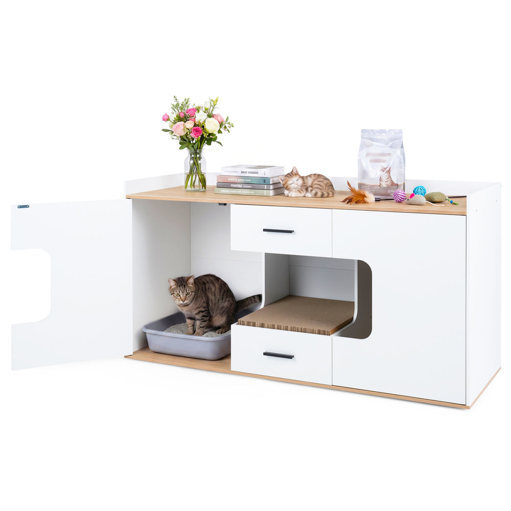 Wooden hidden cat house cabinet with wide countertop, two drawers, and concealed litter area for organized pet supplies.