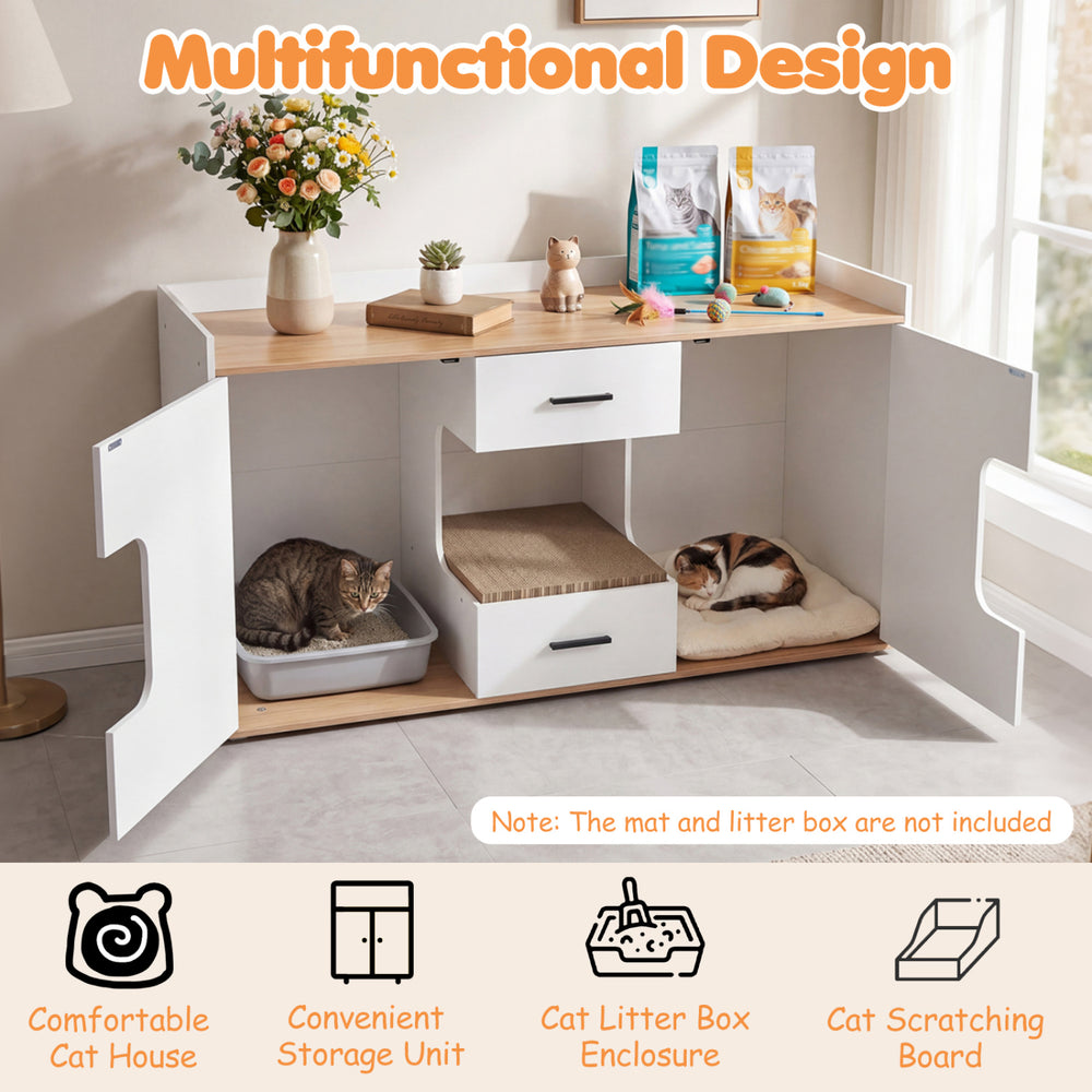Wooden hidden cat house cabinet with wide countertop, two drawers, and doors for organized pet supplies and comfort.