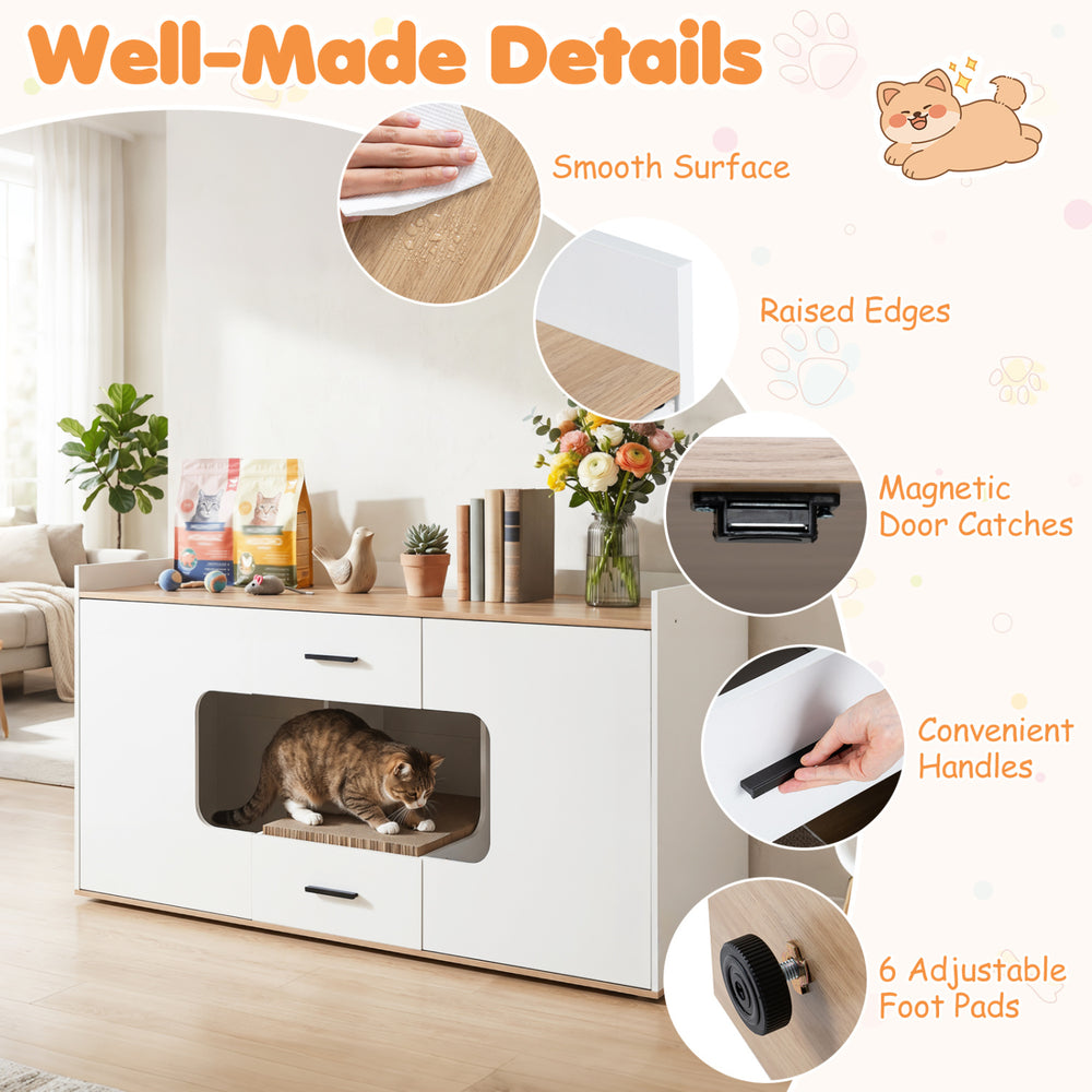 Wooden hidden cat house cabinet with wide countertop, two drawers, and two doors for organized pet supplies and comfort.