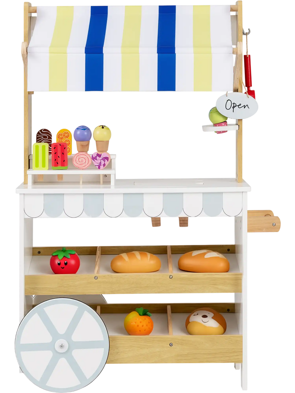 Wooden ice cream cart playset with display shelves, large wheels, and accessories for kids' imaginative role-play.