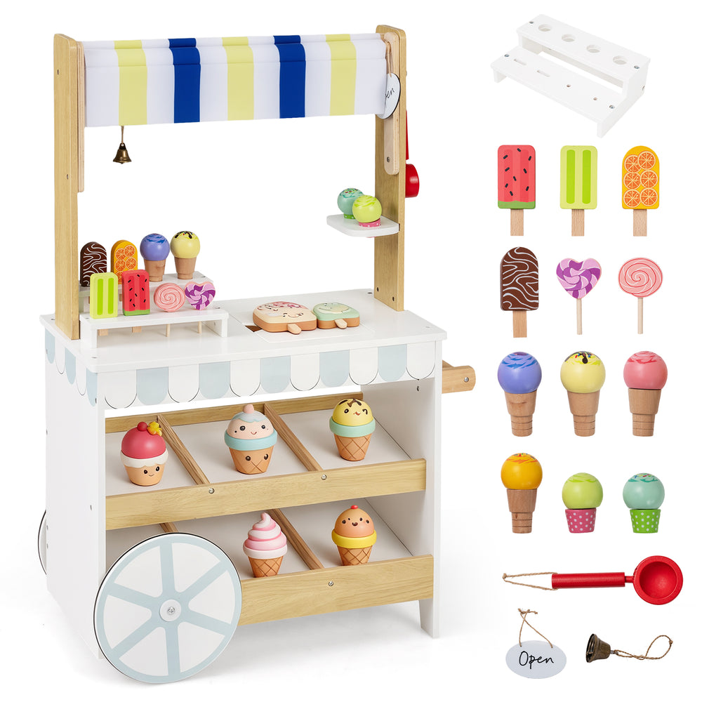 Wooden ice cream cart playset with display shelves, large wheels, and assorted ice cream accessories for imaginative.