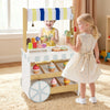 Wooden ice cream cart playset for kids with display shelves, large wheels, and accessories for interactive role-playing.