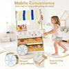 Wooden ice cream cart for kids with large wheels, display shelves, and a folding awning for imaginative play.