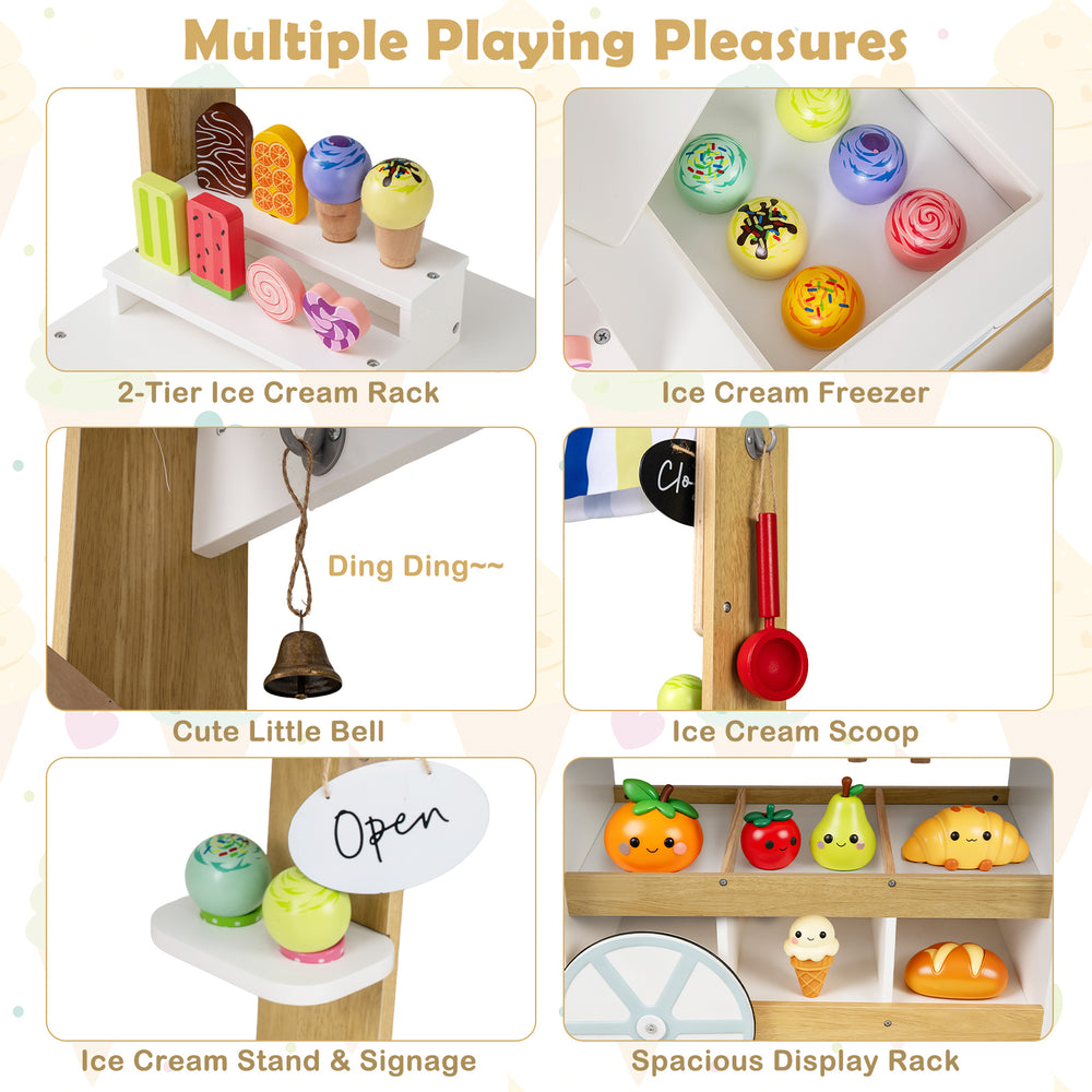 Wooden ice cream cart for kids with 2-tier rack, freezer, and accessories for imaginative role-playing fun.
