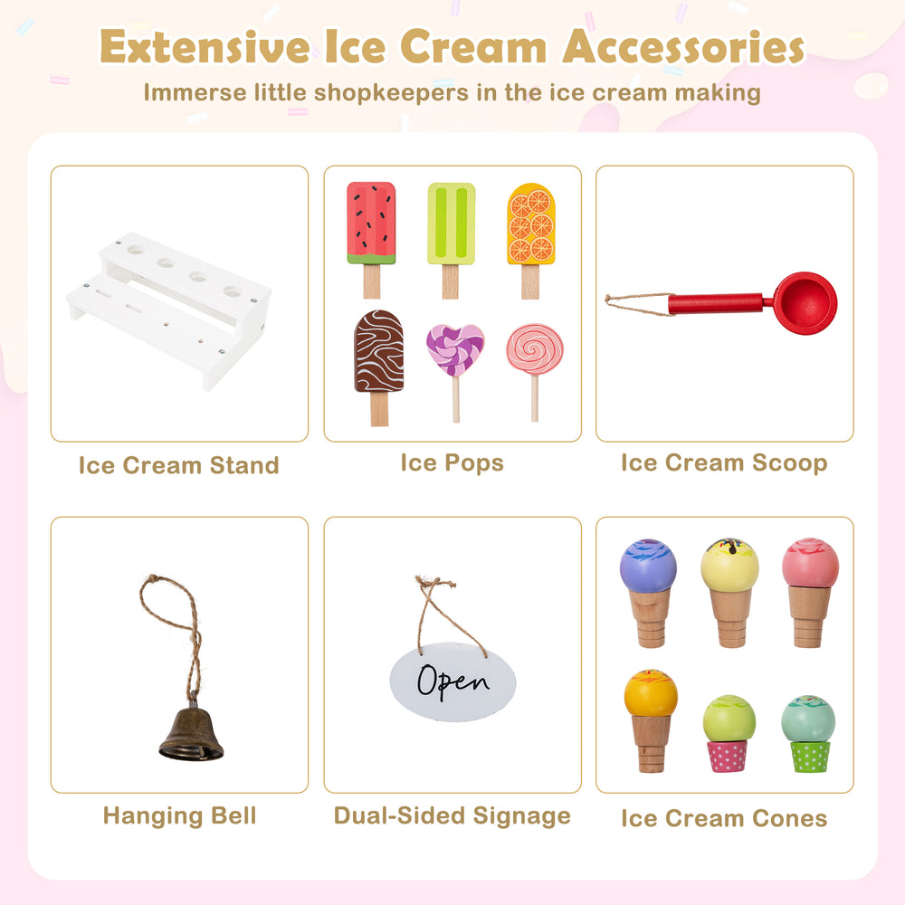 Wooden ice cream cart for kids with display shelves, ice cream scoop, and accessories for imaginative play and social.