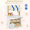 Wooden ice cream cart for kids with display shelves, large wheels, and a folding awning for imaginative play.